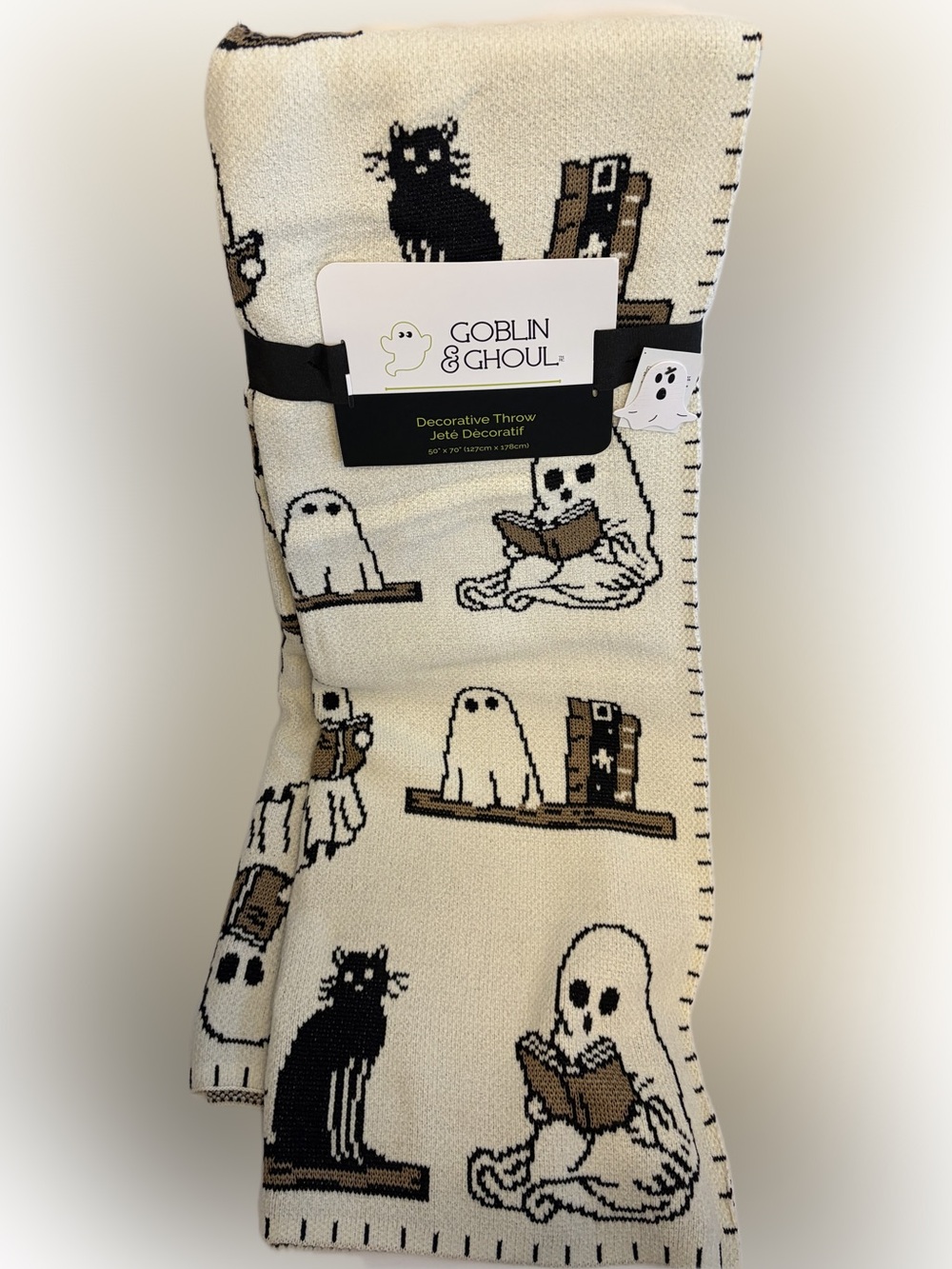 Goblin & Ghoul Ghost Reading Book Blanket Throw 50x70 with Black Cat Bookshelves